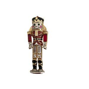 Monet Gold Tone Red Enamel Rhinestone Nutcracker Soldier Brooch, Signed